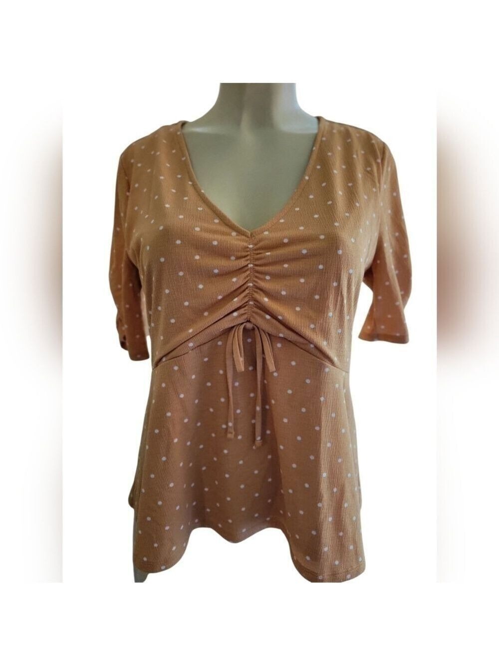 LC Lauren Conrad Orange Pink Poka Dot Runched Top Medium